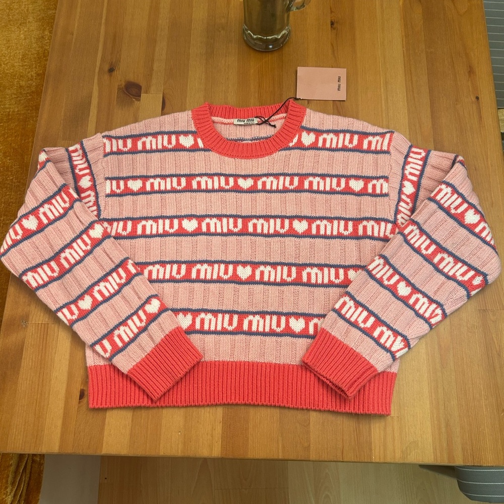 Miu Miu Pink and Red Logo Striped Virgin Wool Sweater